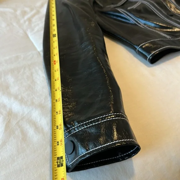 NWOT Nine West Faux Leather Biker Jacket in Black with White stitching Size S - Picture 10 of 13